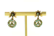 Load image into Gallery viewer, 14K Victorian Floral Turquoise Dangle Screw Back Earrings Yellow Gold