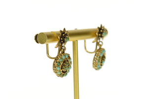 14K Victorian Floral Turquoise Dangle Screw Back Earrings Yellow Gold