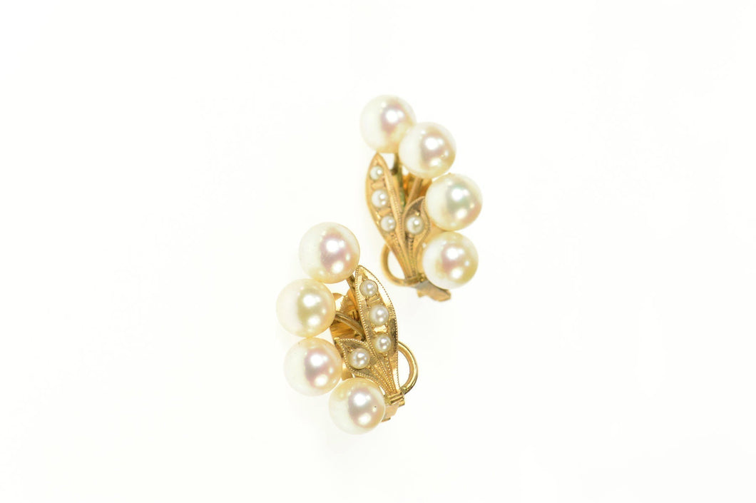 14K Retro Pearl Floral Classic Clip Back Earrings Yellow Gold