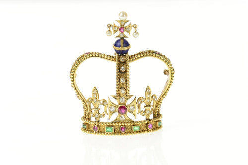 14K Encrusted Victorian Diamond Ruby Crown Pin/Brooch Yellow Gold