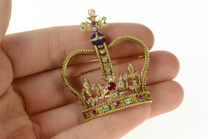 14K Encrusted Victorian Diamond Ruby Crown Pin/Brooch Yellow Gold