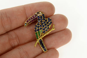 18K Sapphire Diamond Ruby Emerald Parrot Pin/Brooch Yellow Gold