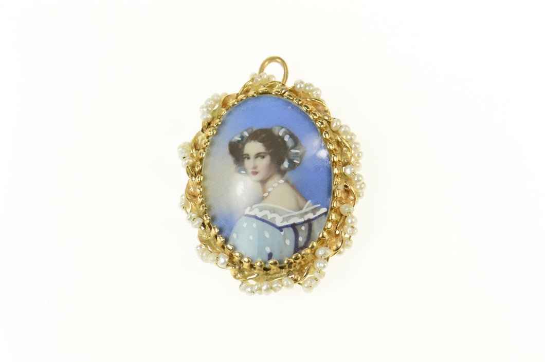 14K Victorian Ornate Painted Lady Seed Pearl Pendant/Pin Yellow Gold
