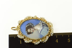 14K Victorian Ornate Painted Lady Seed Pearl Pendant/Pin Yellow Gold