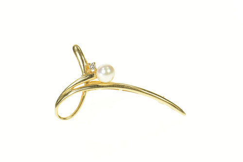 14K Pearl Diamond Accent Ornate Retro Loop Pin/Brooch Yellow Gold