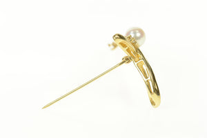 14K Pearl Diamond Accent Ornate Retro Loop Pin/Brooch Yellow Gold