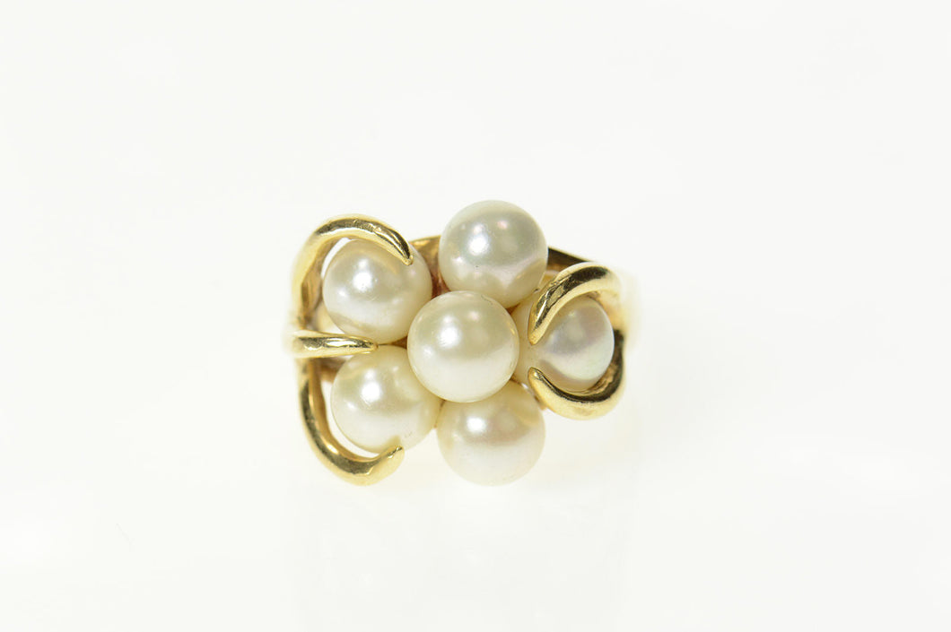 14K Retro Ornate Pearl Cluster Statement Cocktail Ring Size 7.5 Yellow Gold