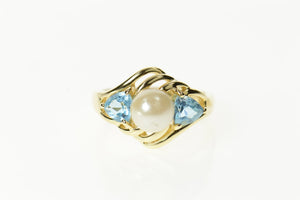 14K Pearl Blue Topaz Accent Statement Wavy Ring Size 6.75 Yellow Gold
