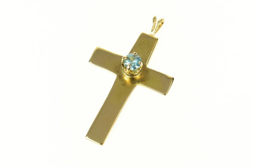 14K Round Blue Topaz Classic Cross Christian Pendant Yellow Gold