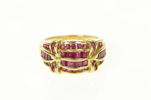 14K Ornate Ruby Encrusted Row Statement Ring Size 8.75 Yellow Gold