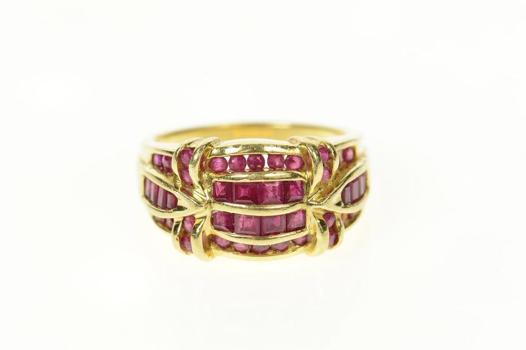 14K Ornate Ruby Encrusted Row Statement Ring Size 8.75 Yellow Gold