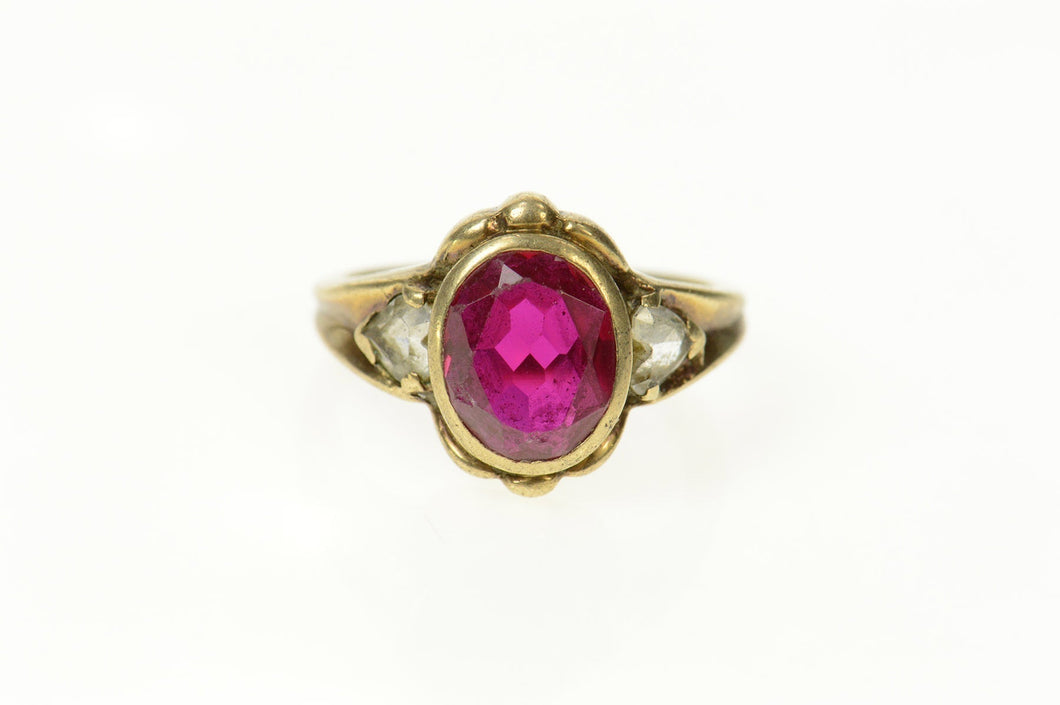 10K 1940's Ornate Syn. Ruby CZ Statement Ring Size 6.5 Yellow Gold