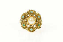 Load image into Gallery viewer, 14K Pearl Turquoise Floral Cocktail Statement Ring Size 6 Yellow Gold