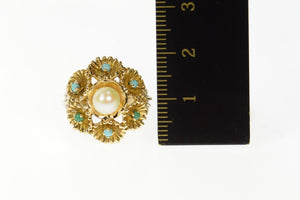 14K Pearl Turquoise Floral Cocktail Statement Ring Size 6 Yellow Gold