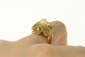 14K Pearl Turquoise Floral Cocktail Statement Ring Size 6 Yellow Gold