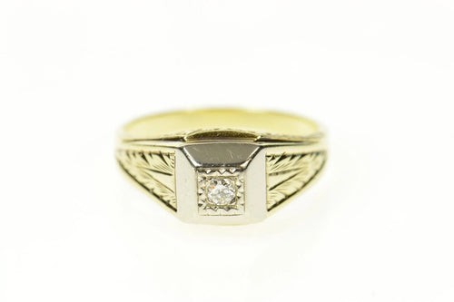 14K Art Deco Squared Diamond Leaf Etched Wedding Ring Size 9 Yellow Gold