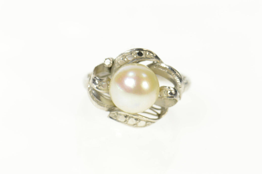10K Retro Pearl Curvy Swirl Ornate Statement Ring Size 4.75 White Gold