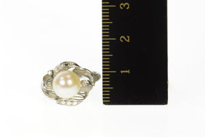 10K Retro Pearl Curvy Swirl Ornate Statement Ring Size 4.75 White Gold