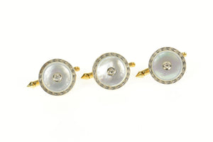 14K Art Deco Mother of Pearl Diamond Tuxedo Buttons Cuff Links Yellow Gold