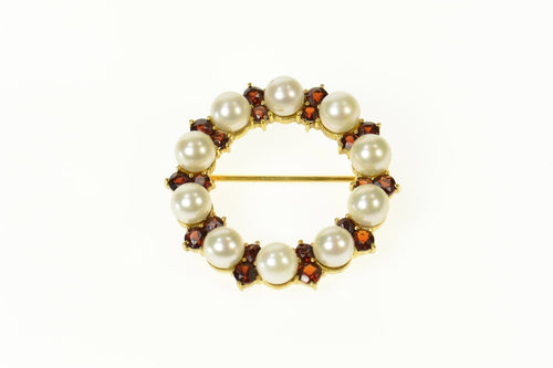 14K Pearl Garnet Circle Cluster Statement Pin/Brooch Yellow Gold