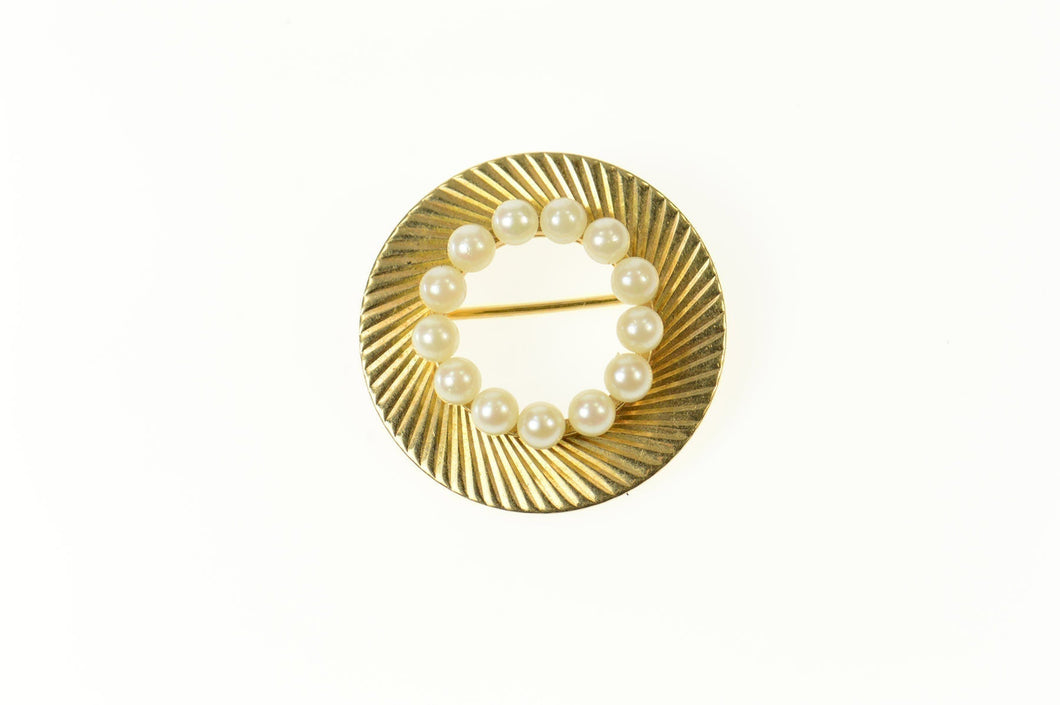 14K Retro Classic Pearl Grooved Swirl Circle Pin/Brooch Yellow Gold