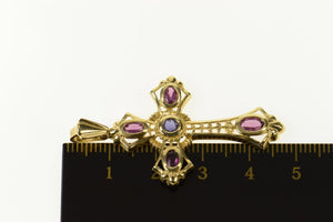 14K Sapphire Purple Tourmaline Elaborate Cross Pendant Yellow Gold