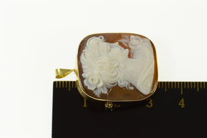 18K Victorian Squared Carved Shell Cameo Pendant Yellow Gold