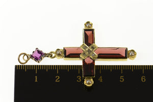 14K Ornate Sim. Garnet Diamond Seed Pearl Cross Pendant Yellow Gold