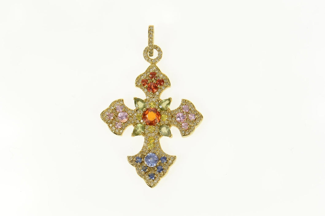 14K Diamond Encrusted Ornate Cross Christian Pendant Yellow Gold
