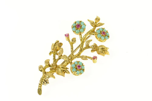 14K Ornate Turquoise Ruby Flower Statement Pin/Brooch Yellow Gold