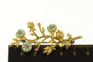 14K Ornate Turquoise Ruby Flower Statement Pin/Brooch Yellow Gold