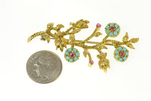 14K Ornate Turquoise Ruby Flower Statement Pin/Brooch Yellow Gold