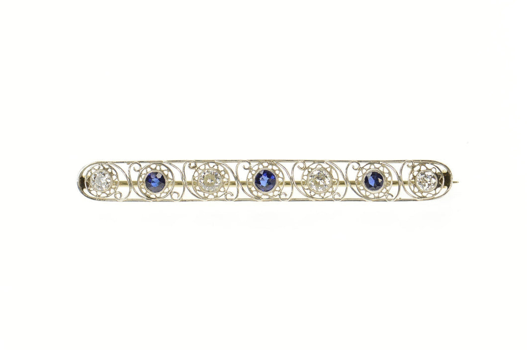 18K 1.52 Ctw Art Deco Sapphire Diamond Filigree Pin/Brooch White Gold