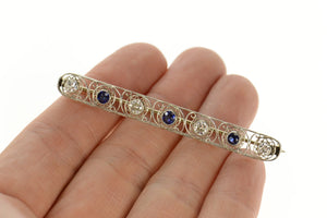 18K 1.52 Ctw Art Deco Sapphire Diamond Filigree Pin/Brooch White Gold