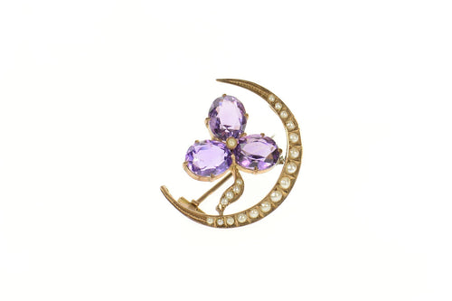 14K Victorian Amethyst Clover Seed Pearl Moon Pin/Brooch Yellow Gold