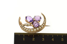 Load image into Gallery viewer, 14K Victorian Amethyst Clover Seed Pearl Moon Pin/Brooch Yellow Gold