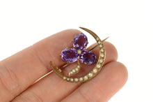 Load image into Gallery viewer, 14K Victorian Amethyst Clover Seed Pearl Moon Pin/Brooch Yellow Gold