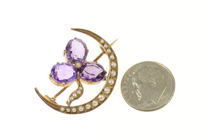 14K Victorian Amethyst Clover Seed Pearl Moon Pin/Brooch Yellow Gold