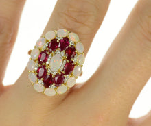 Load image into Gallery viewer, 18K Opal Ruby Diamond Halo Cocktail Statement Ring Size 6.75 Yellow Gold