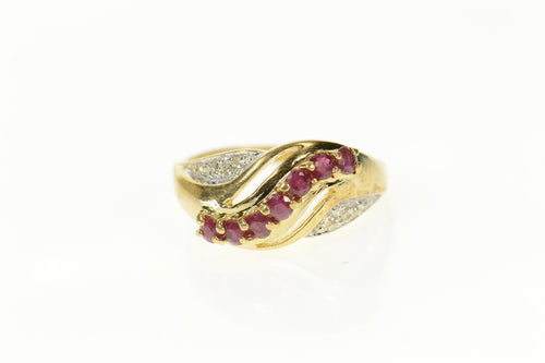 14K Ruby Diamond Wavy Statement Band Ring Size 6.5 Yellow Gold