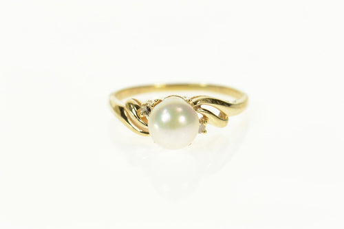10K Pearl Diamond Accent Wavy Classic Ring Size 7.75 Yellow Gold
