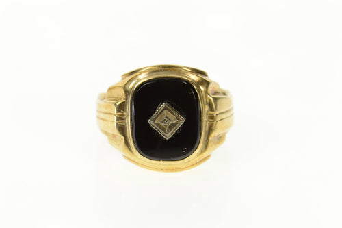 10K Rounded Black Onyx Diamond Accent Retro Ring Size 10.25 Yellow Gold