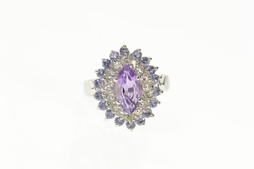 10K Marquise Amethyst CZ Syn. Tanzanite Halo Ring Size 5 White Gold