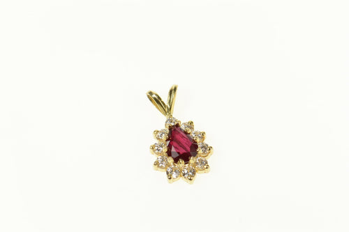 14K Pear Ruby CZ Halo Ornate Statement Pendant Yellow Gold