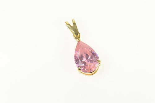 14K Pear Pink Cubic Zirconia Solitaire Statement Pendant Yellow Gold