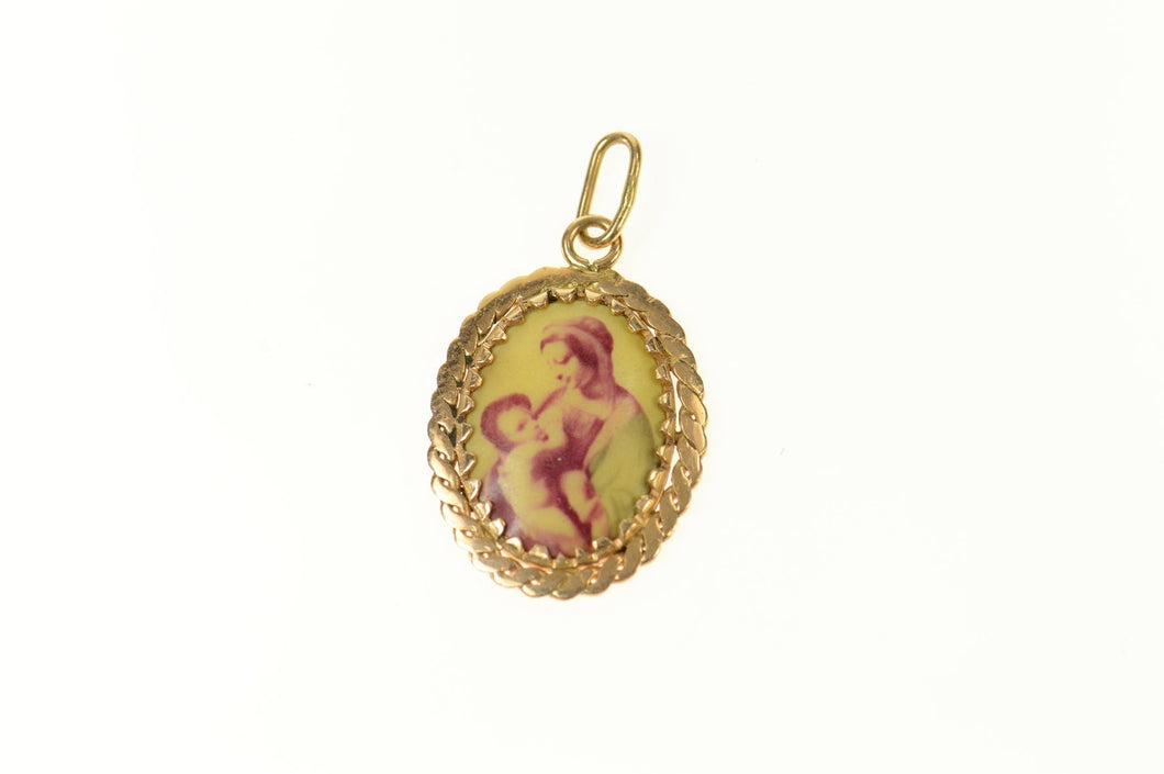 14K Painted Ceramic Virgin Mother Mary Charm/Pendant Yellow Gold