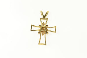 14K Diamond Sapphire Cluster Cross Christian Pendant Yellow Gold