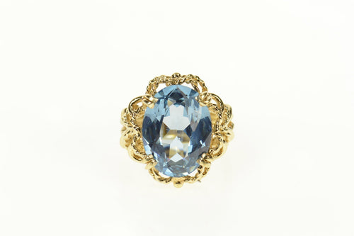 10K Oval Blue Topaz Ornate Filigree Cocktail Ring Size 6.25 Yellow Gold