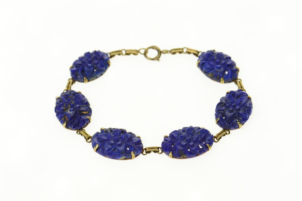 14K Carved Floral Lapis Lazuli Statement Bracelet 7