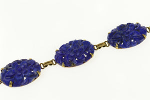 14K Carved Floral Lapis Lazuli Statement Bracelet 7" Yellow Gold